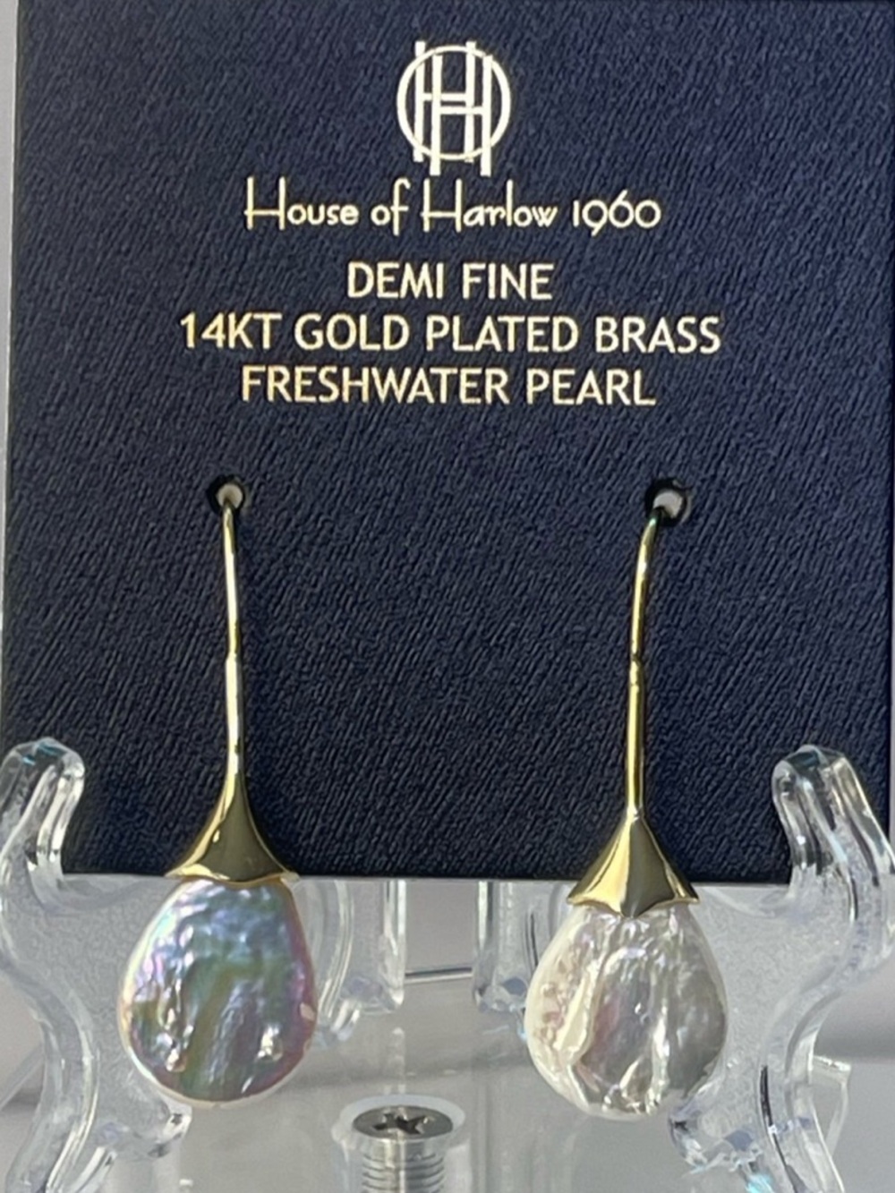 NEW House of Harlow 1960 Demi Fine Freshwater Pearl Drop Earrings 14KT Plated